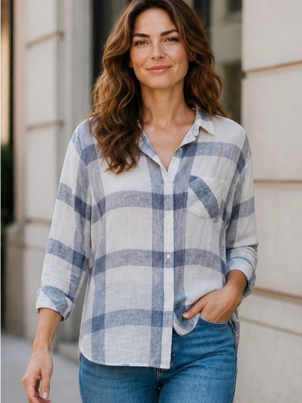 Rails Women’s White and Blue Wide Pane Check Linen Shirt